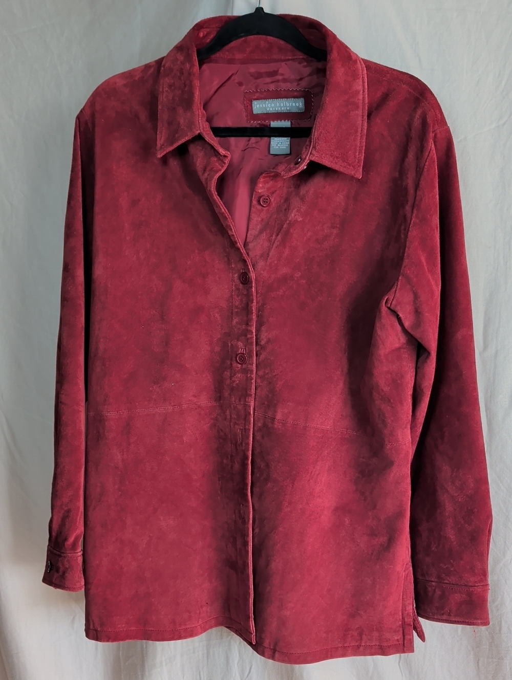 London Fog Deep Red Suede Button-Down Shirt Washable Fall Fashion Staple Chic